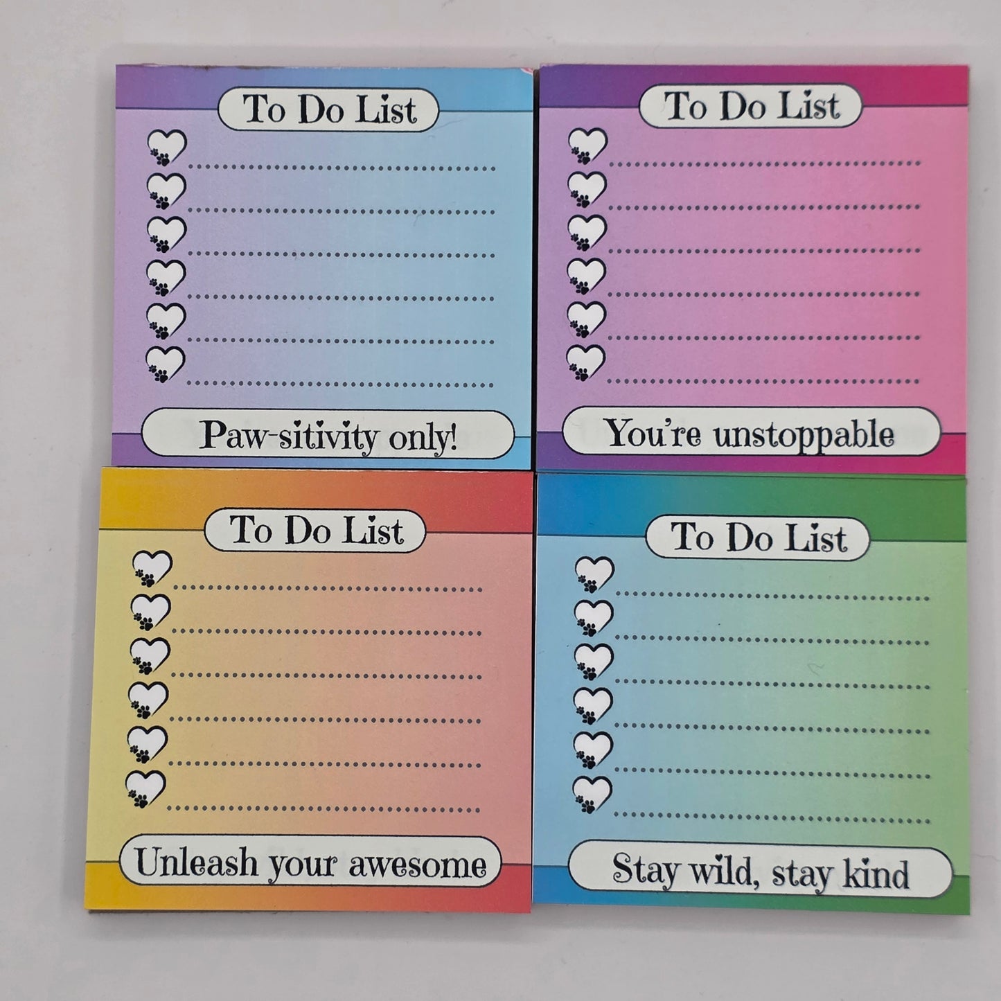3x3 rainbow magnetic notepad with paw print heart to-do list and motivational quotes – set of 4 rotating designs