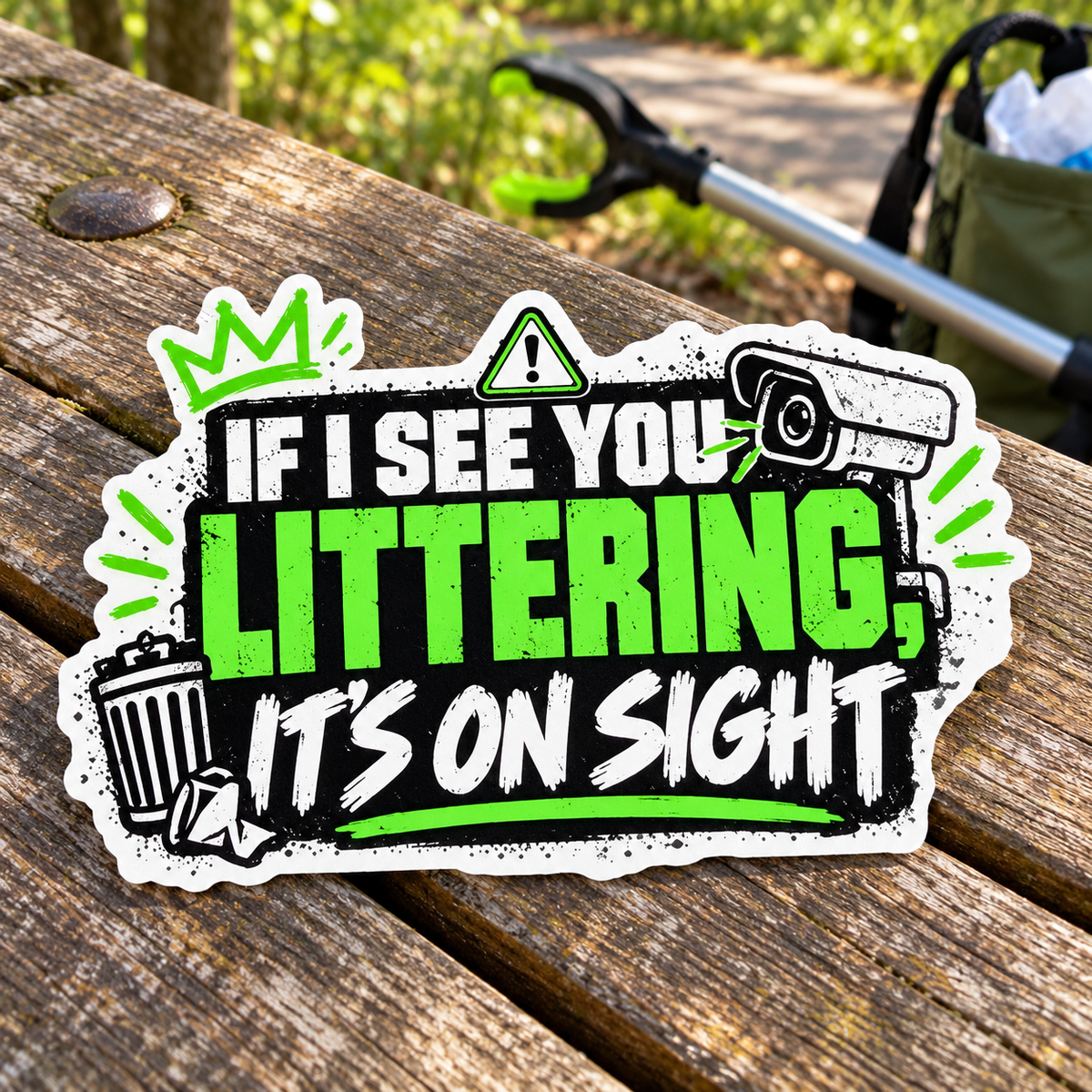 If I See You Littering, It’s On Sight sticker on a park bench beside cleanup gear.