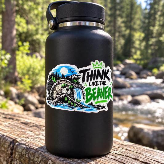 Think Like the Beaver sticker applied to a black reusable water bottle near a creek.