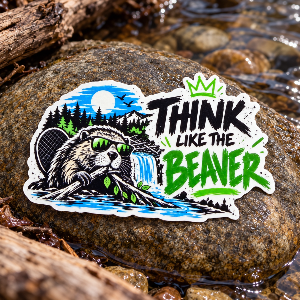 Think Like the Beaver sticker resting on a rock beside shallow water.