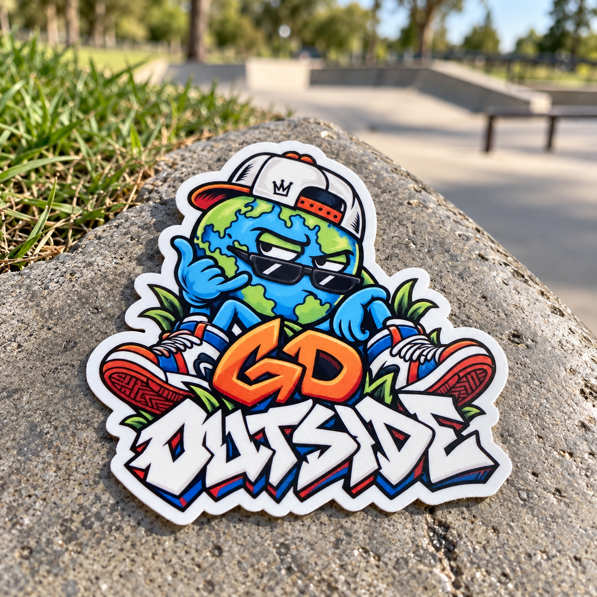 Go Outside globe sticker displayed on a concrete ledge outdoors.