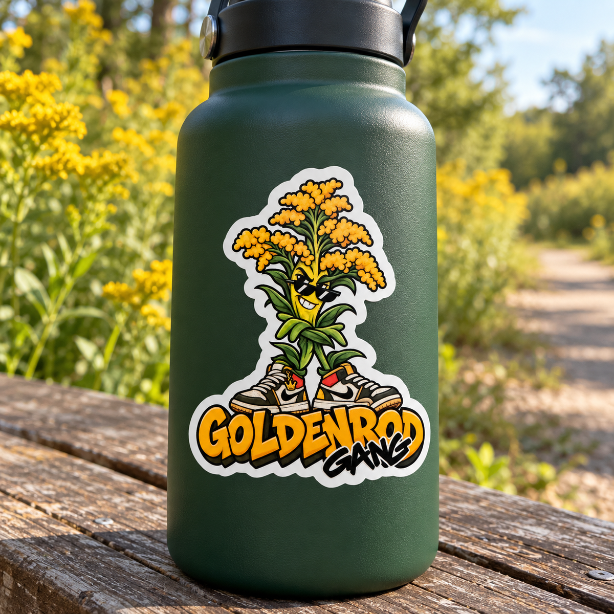 A dark green insulated water bottle with a black lid sits on a wooden table outdoors. The bottle features a die-cut sticker of a golden flower growing from sneakers, with the text 'GOLDENROD GANGS' below it.