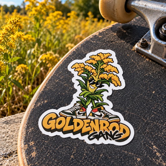 A die-cut sticker featuring a cartoon cannabis plant with sunglasses and sneakers, above the text 'GOLDENROD GANG', shown applied to a skateboard deck outdoors with blurred yellow flowers in the background.