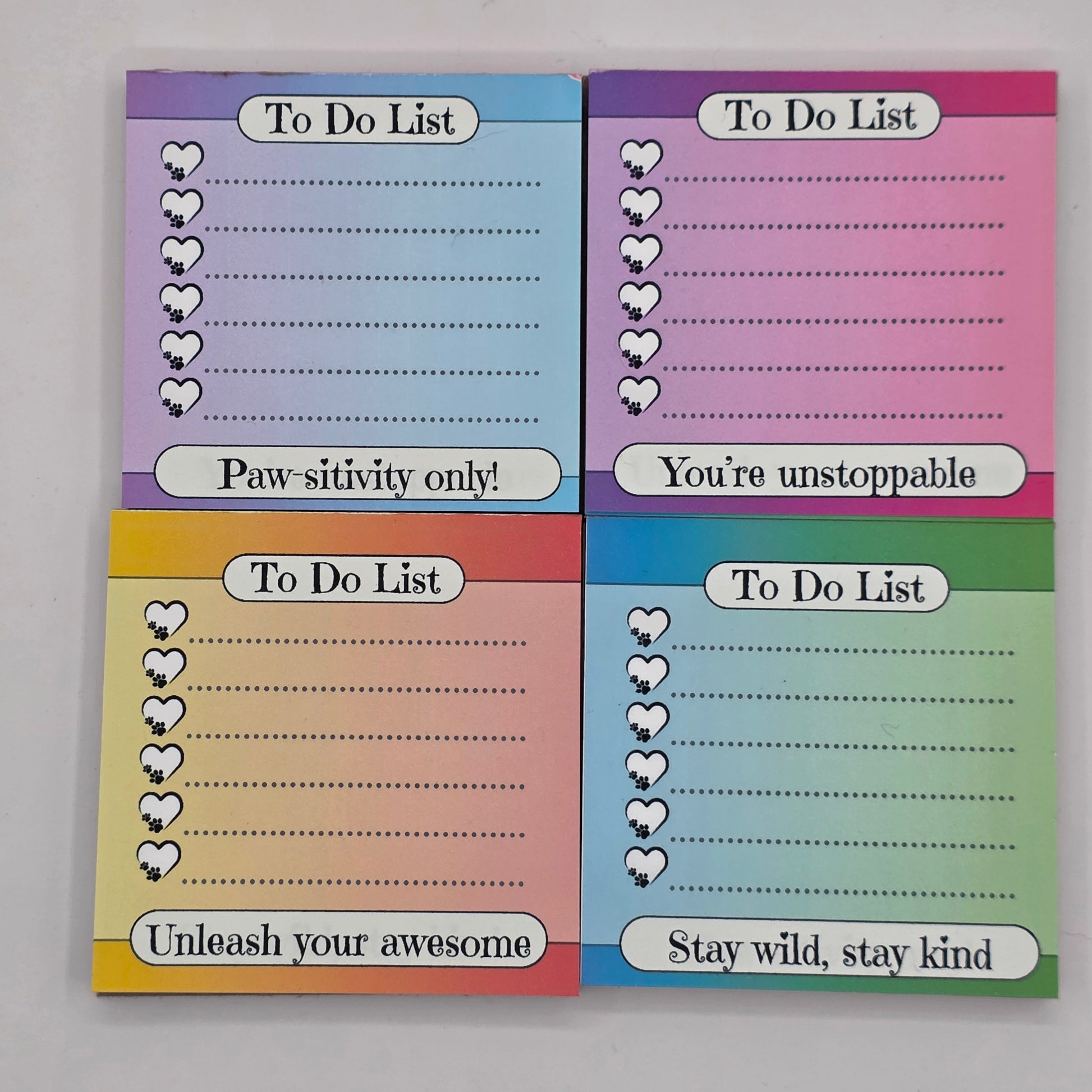 3x3 rainbow magnetic notepad with paw print heart to-do list and motivational quotes – set of 4 rotating designs
