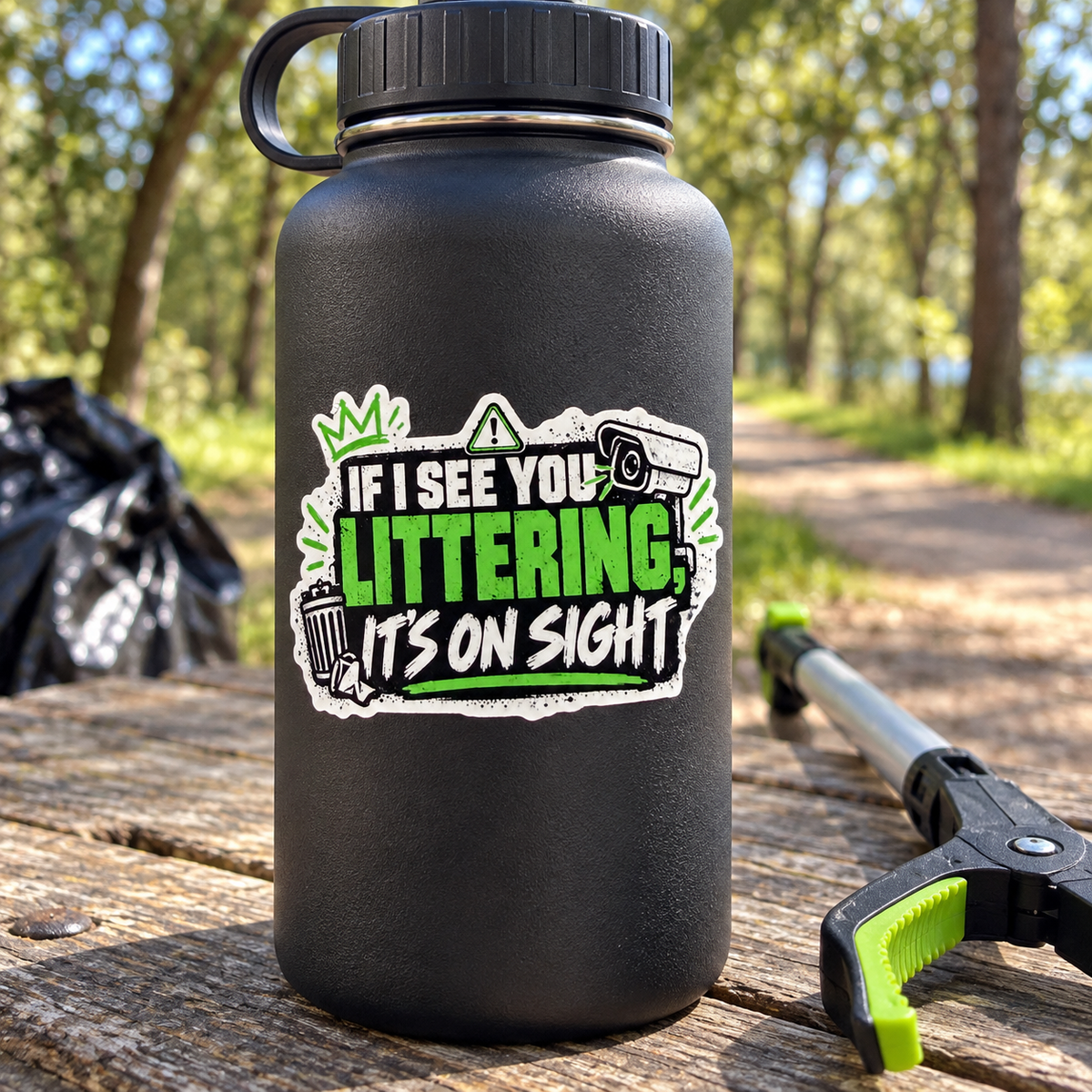 If I See You Littering, It’s On Sight sticker on a dark water bottle outdoors.