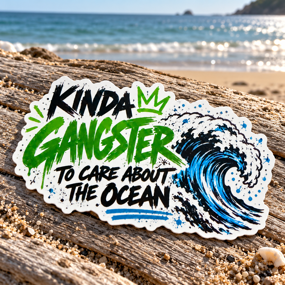 Kinda Gangster to Care About the Ocean sticker resting on wood beside a beach.