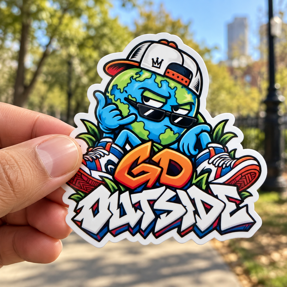 Hand holding a Go Outside globe sticker on a tree-lined park path.