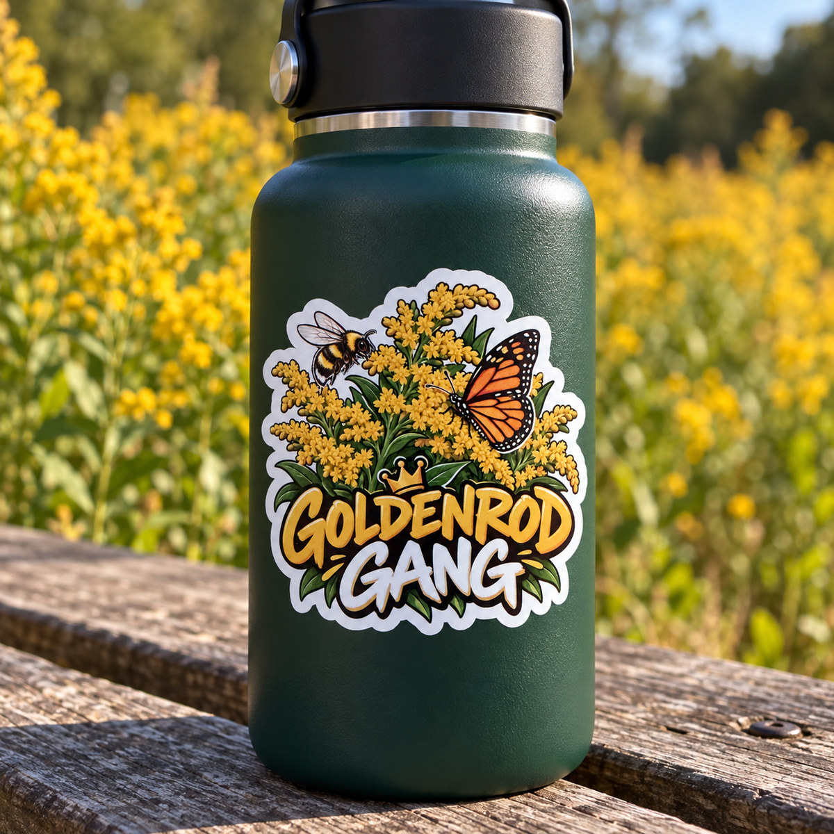 A dark green insulated water bottle with a black lid sits on a wooden bench outdoors, with a blurred field of yellow flowers in the background. The bottle features a die-cut sticker that reads 'GOLDENROD GANG' with a bee, butterfly, and yellow flowers.