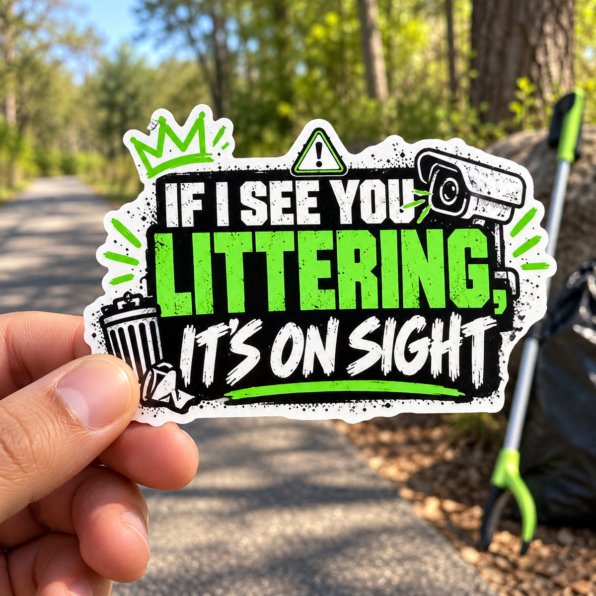 Hand holding an If I See You Littering, It’s On Sight sticker on a wooded trail.