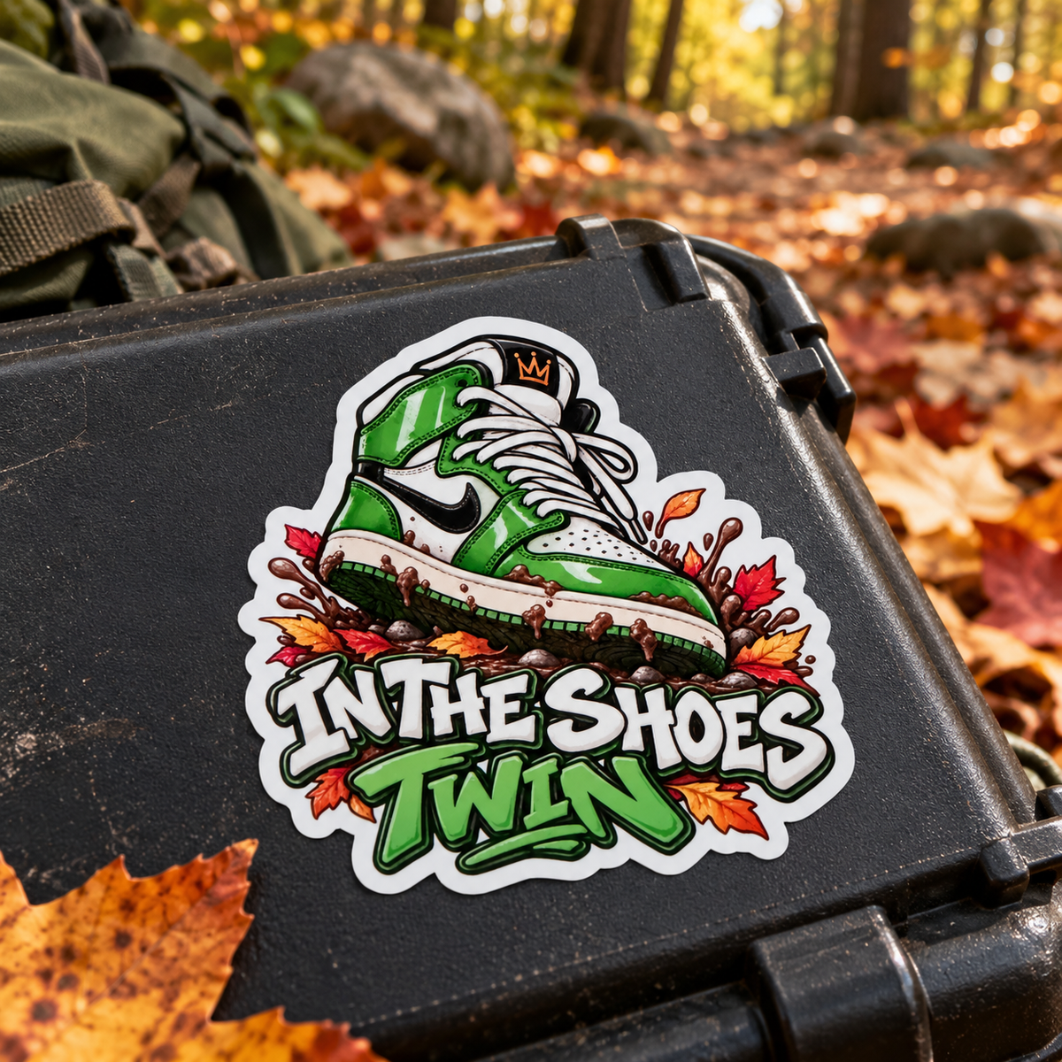 A die-cut sticker featuring a green and white sneaker illustration with the text 'IN THE SHOES TWIN' and autumn leaves, shown applied to the side of a black hard case outdoors on a forest path with fallen leaves.