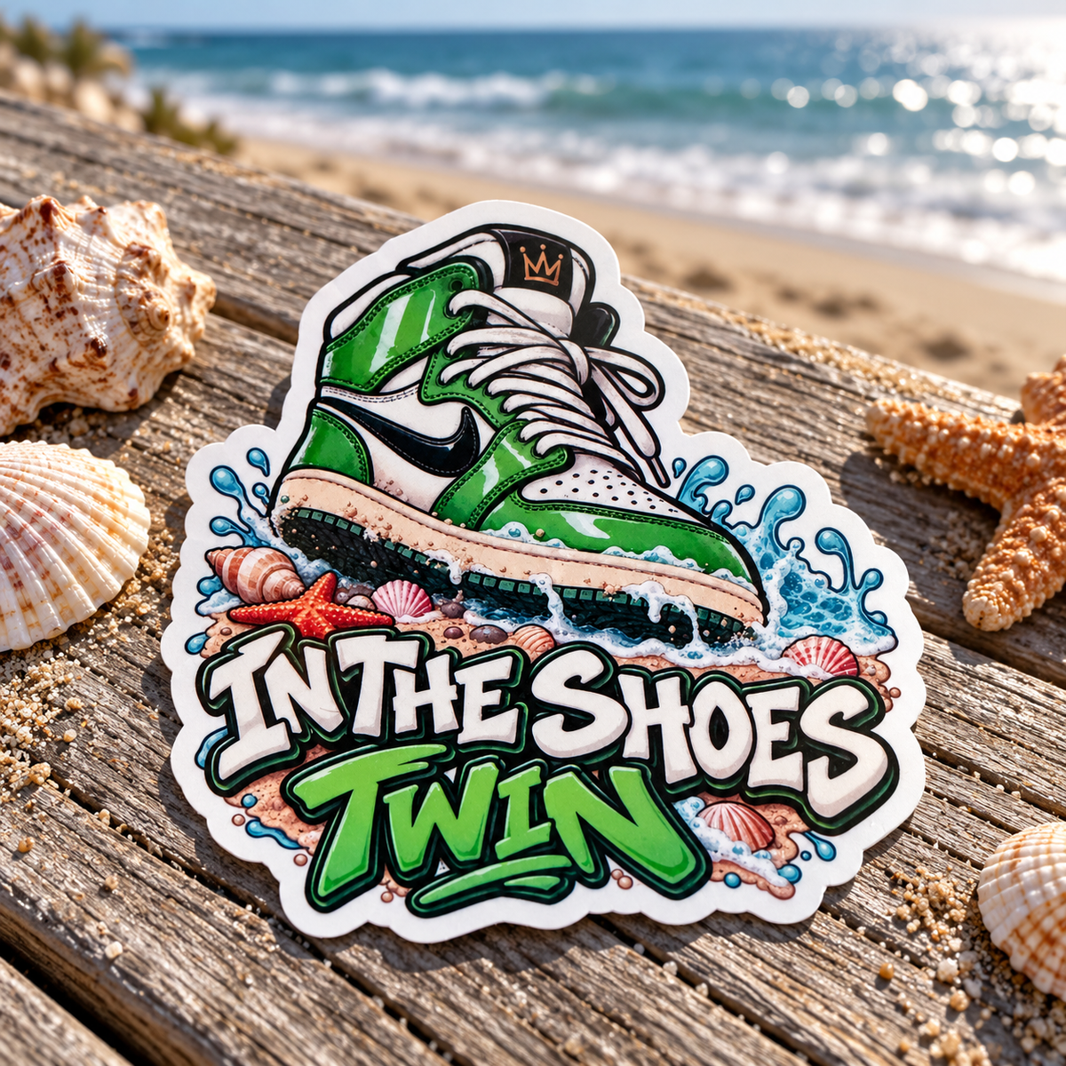 A die-cut sticker featuring a green and white sneaker illustration with the text 'IN THE SHOES TWIN' in bold lettering, placed on a weathered wooden surface with seashells and a beach background.