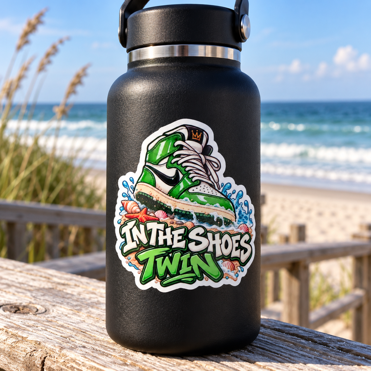 A matte black insulated water bottle with a handle, featuring a colorful 'In the Shoes Twin' sneaker graphic, set on a wooden railing with a beach background.