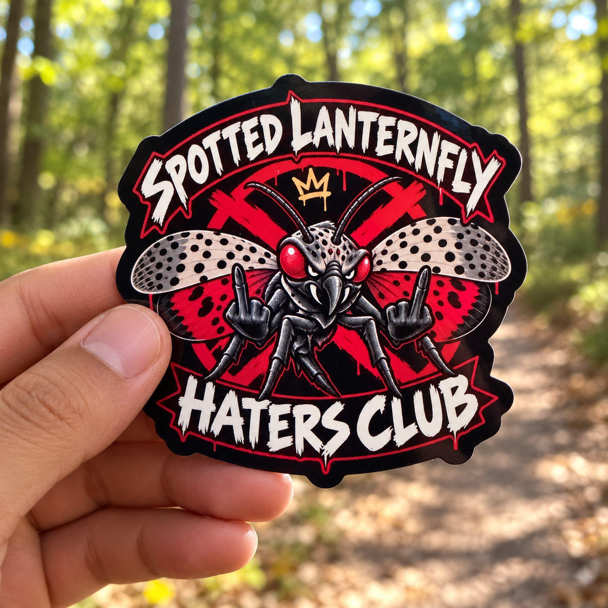 A hand holds a die-cut sticker featuring a cartoon hornet with red eyes, black and white spotted wings, and the text 'Spotted Lanternfly Haters Club' on a blurred forest background.