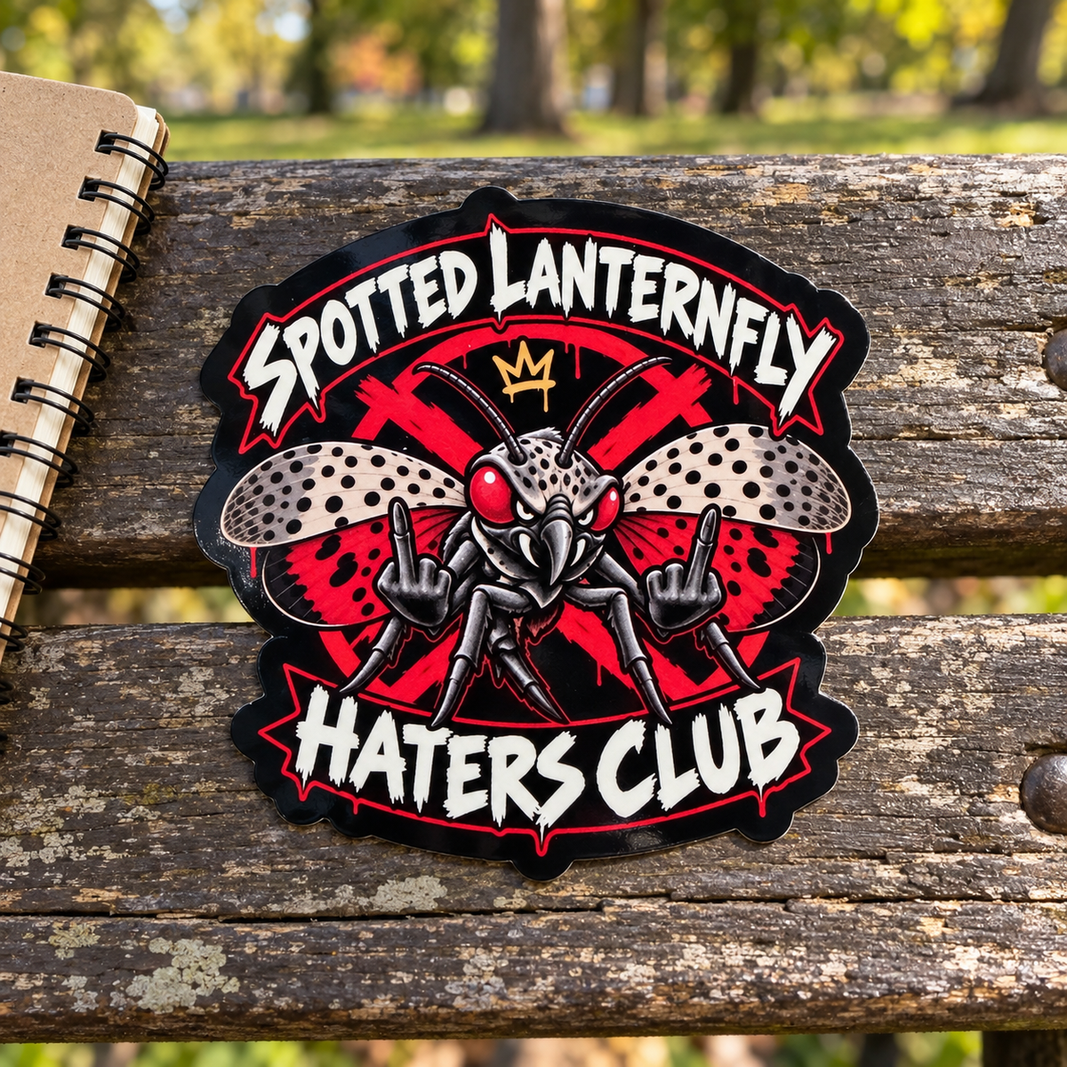 A die-cut sticker featuring a cartoon lanternfly with red eyes, black and white wings, and the text 'Spotted Lanternfly Haters Club' in white with red outlines, placed on a weathered wooden bench with a blurred outdoor background.