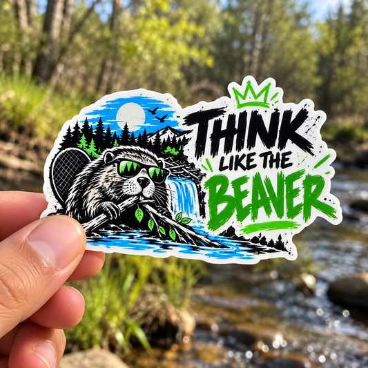 Hand holding a Think Like the Beaver sticker beside a creek.